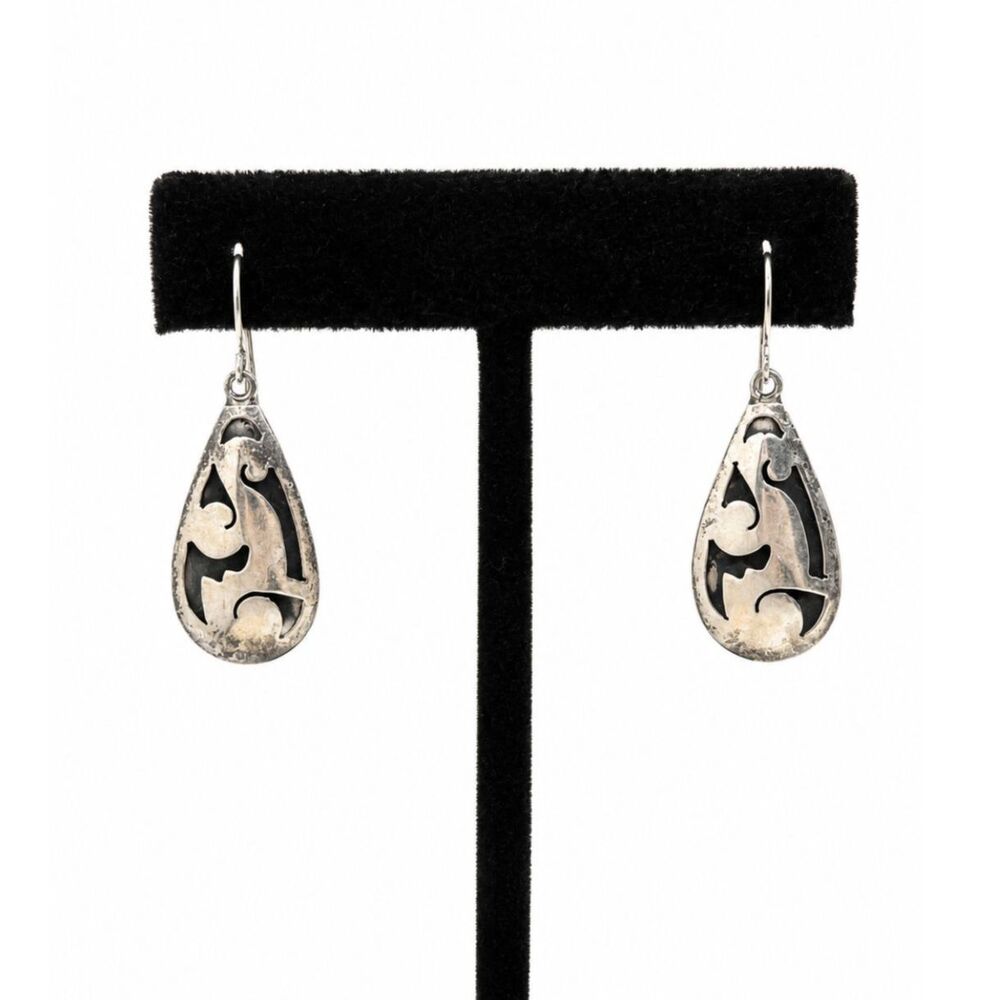VINTAGE TAXCO EARRINGS Sterling Silver 925 TM-80 Shadowbox Teardrop Mexico